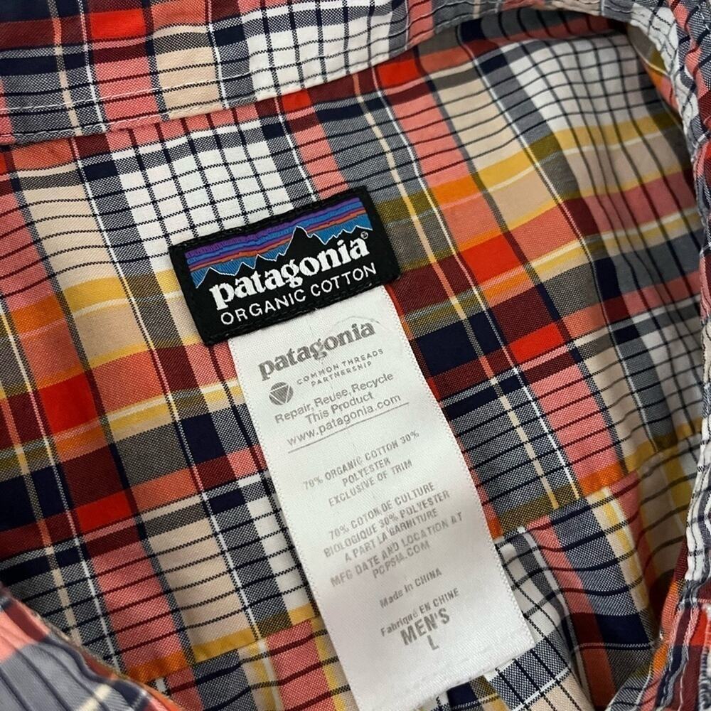 Patagonia Orange, Yellow and Navy plaid button down short sleeve gorpcore size L - Picture 3 of 5